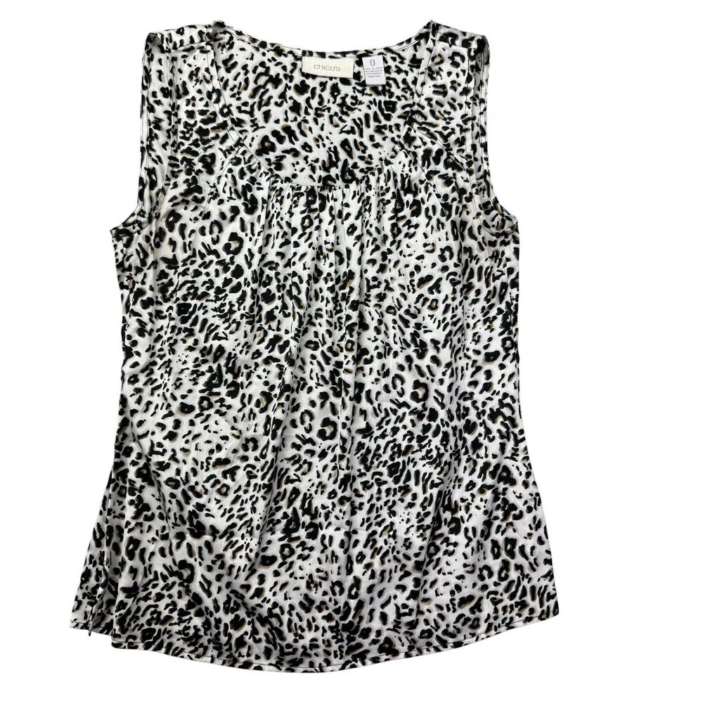Chico's Tank Top Women's 0 Small White Animal Print Sleeveless Satin Scoop Neck